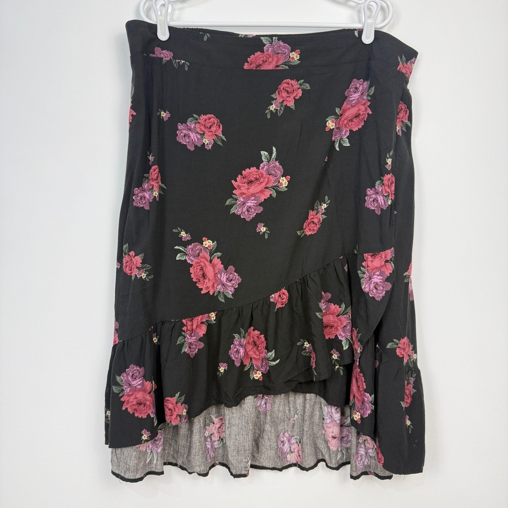 Torrid Floral Faux Wrap Ruffle Midi Skirt Womens 2X Black Pink Dark Romantic